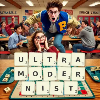 Creative illustration for a Scrabble game with the word ULTRAMODERNIST spelled out in tiles on the board.