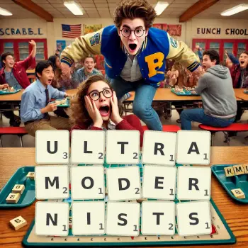 Creative illustration for a Scrabble game with the word ULTRAMODERNISTS spelled out in tiles on the board.