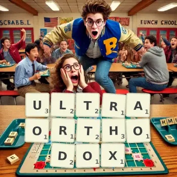 Creative illustration for a Scrabble game with the word ULTRAORTHODOX spelled out in tiles on the board.