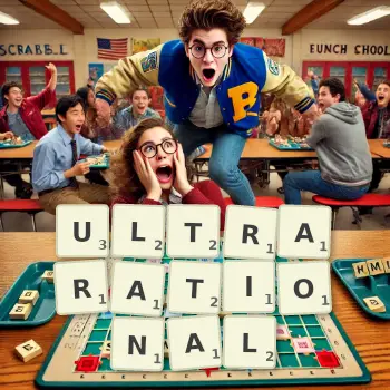 Creative illustration for a Scrabble game with the word ULTRARATIONAL spelled out in tiles on the board.