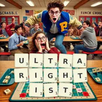 Creative illustration for a Scrabble game with the word ULTRARIGHTIST spelled out in tiles on the board.