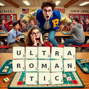Creative illustration for a Scrabble game with the word ULTRAROMANTIC spelled out in tiles on the board.