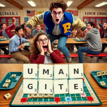 Creative illustration for a Scrabble game with the word UMANGITE spelled out in tiles on the board.