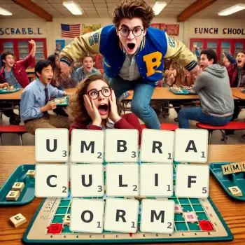 Creative illustration for a Scrabble game with the word UMBRACULIFORM spelled out in tiles on the board.