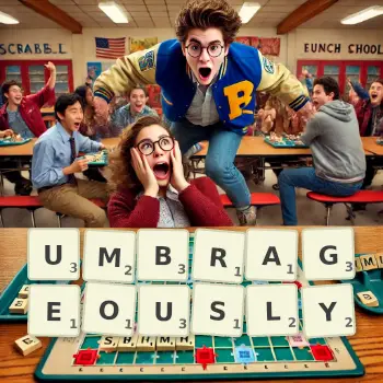 Creative illustration for a Scrabble game with the word UMBRAGEOUSLY spelled out in tiles on the board.