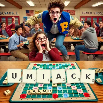 Creative illustration for a Scrabble game with the word UMIACK spelled out in tiles on the board.