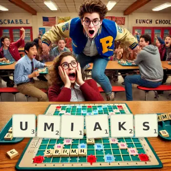 Creative illustration for a Scrabble game with the word UMIAKS spelled out in tiles on the board.