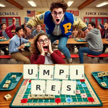 Creative illustration for a Scrabble game with the word UMPIRES spelled out in tiles on the board.