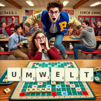 Creative illustration for a Scrabble game with the word UMWELT spelled out in tiles on the board.
