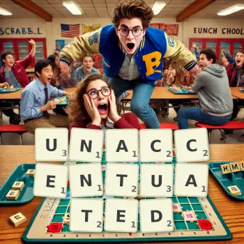 Creative illustration for a Scrabble game with the word UNACCENTUATED spelled out in tiles on the board.