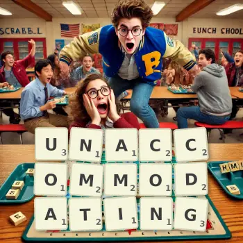 Creative illustration for a Scrabble game with the word UNACCOMMODATING spelled out in tiles on the board.