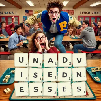 Creative illustration for a Scrabble game with the word UNADVISEDNESSES spelled out in tiles on the board.