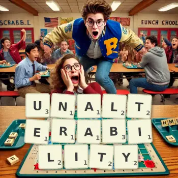 Creative illustration for a Scrabble game with the word UNALTERABILITY spelled out in tiles on the board.