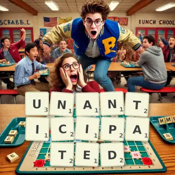 Creative illustration for a Scrabble game with the word UNANTICIPATED spelled out in tiles on the board.