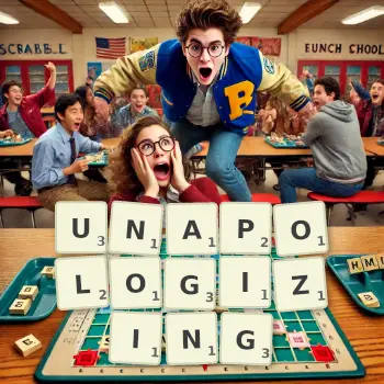 Creative illustration for a Scrabble game with the word UNAPOLOGIZING spelled out in tiles on the board.