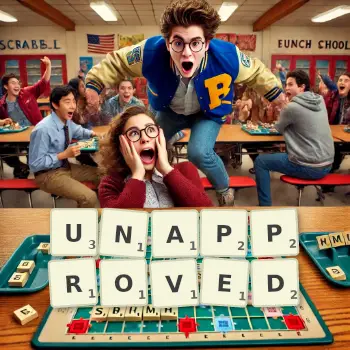 Creative illustration for a Scrabble game with the word UNAPPROVED spelled out in tiles on the board.