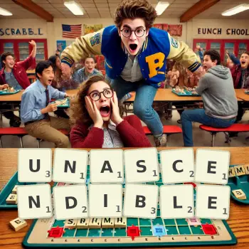 Creative illustration for a Scrabble game with the word UNASCENDIBLE spelled out in tiles on the board.