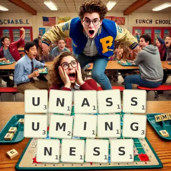 Creative illustration for a Scrabble game with the word UNASSUMINGNESS spelled out in tiles on the board.