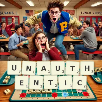 Creative illustration for a Scrabble game with the word UNAUTHENTIC spelled out in tiles on the board.
