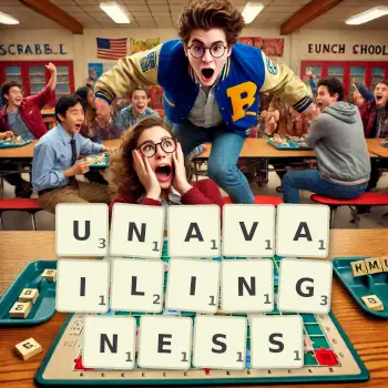 Creative illustration for a Scrabble game with the word UNAVAILINGNESS spelled out in tiles on the board.