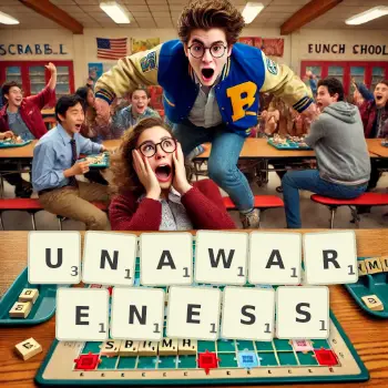 Creative illustration for a Scrabble game with the word UNAWARENESS spelled out in tiles on the board.
