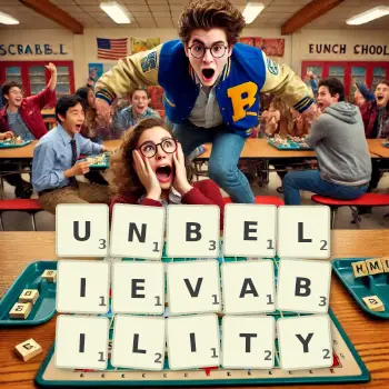 Creative illustration for a Scrabble game with the word UNBELIEVABILITY spelled out in tiles on the board.