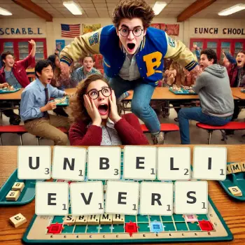 Creative illustration for a Scrabble game with the word UNBELIEVERS spelled out in tiles on the board.