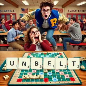 Creative illustration for a Scrabble game with the word UNBELT spelled out in tiles on the board.