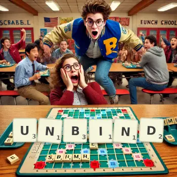 Creative illustration for a Scrabble game with the word UNBIND spelled out in tiles on the board.