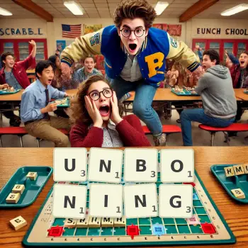 Creative illustration for a Scrabble game with the word UNBONING spelled out in tiles on the board.