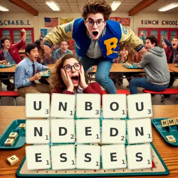 Creative illustration for a Scrabble game with the word UNBOUNDEDNESSES spelled out in tiles on the board.