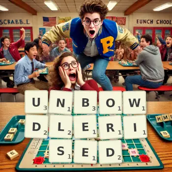 Creative illustration for a Scrabble game with the word UNBOWDLERISED spelled out in tiles on the board.