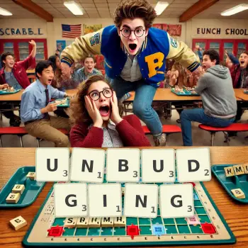 Creative illustration for a Scrabble game with the word UNBUDGING spelled out in tiles on the board.
