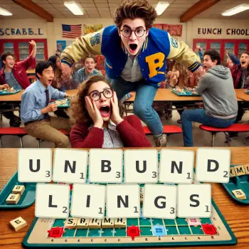 Creative illustration for a Scrabble game with the word UNBUNDLINGS spelled out in tiles on the board.