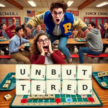 Creative illustration for a Scrabble game with the word UNBUTTERED spelled out in tiles on the board.