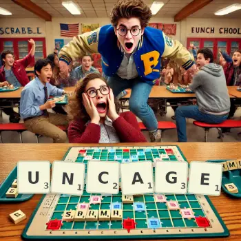Creative illustration for a Scrabble game with the word UNCAGE spelled out in tiles on the board.