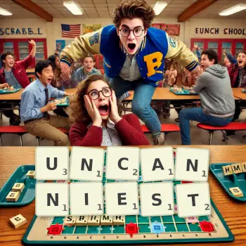 Creative illustration for a Scrabble game with the word UNCANNIEST spelled out in tiles on the board.