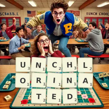 Creative illustration for a Scrabble game with the word UNCHLORINATED spelled out in tiles on the board.