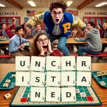 Creative illustration for a Scrabble game with the word UNCHRISTIANED spelled out in tiles on the board.