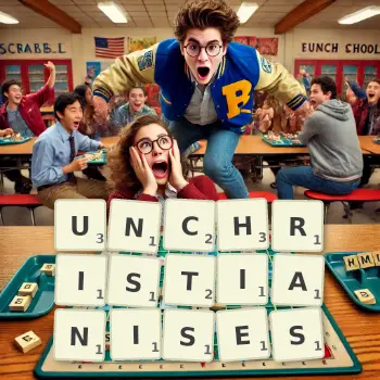 Creative illustration for a Scrabble game with the word UNCHRISTIANISES spelled out in tiles on the board.