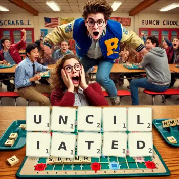 Creative illustration for a Scrabble game with the word UNCILIATED spelled out in tiles on the board.