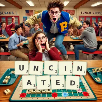 Creative illustration for a Scrabble game with the word UNCINATED spelled out in tiles on the board.