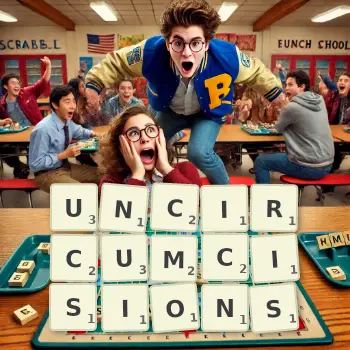 Creative illustration for a Scrabble game with the word UNCIRCUMCISIONS spelled out in tiles on the board.