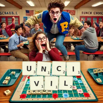 Creative illustration for a Scrabble game with the word UNCIVIL spelled out in tiles on the board.