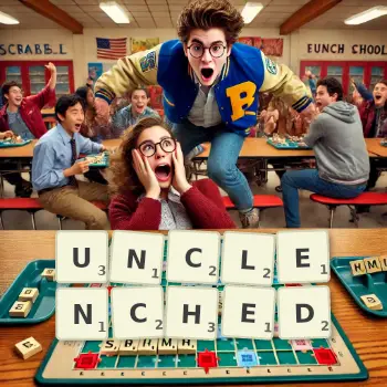 Creative illustration for a Scrabble game with the word UNCLENCHED spelled out in tiles on the board.