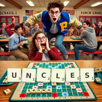 Creative illustration for a Scrabble game with the word UNCLES spelled out in tiles on the board.