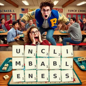 Creative illustration for a Scrabble game with the word UNCLIMBABLENESS spelled out in tiles on the board.