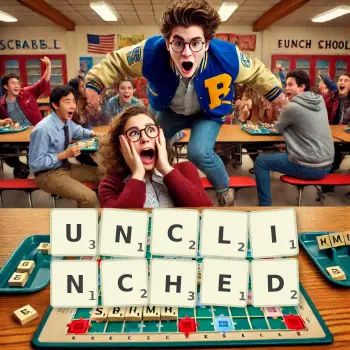 Creative illustration for a Scrabble game with the word UNCLINCHED spelled out in tiles on the board.
