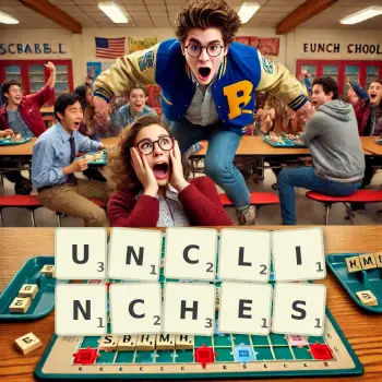 Creative illustration for a Scrabble game with the word UNCLINCHES spelled out in tiles on the board.