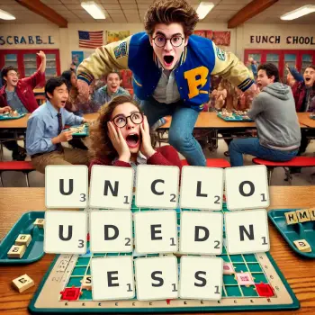 Creative illustration for a Scrabble game with the word UNCLOUDEDNESS spelled out in tiles on the board.